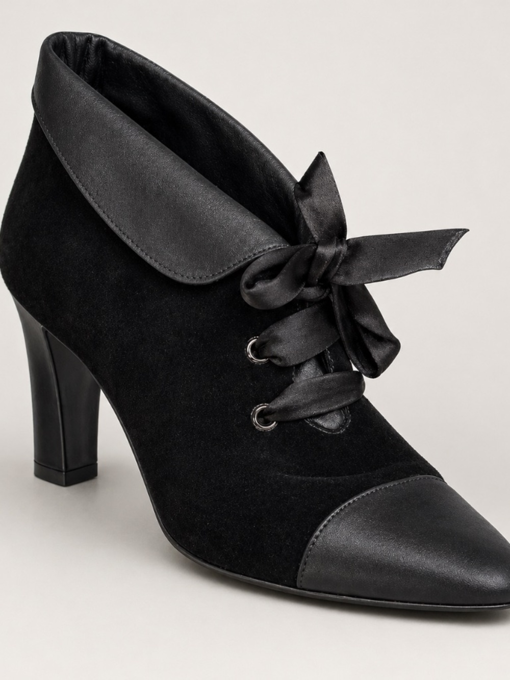 CHANEL Velvet Lace-Up Booties Black Satin Trim Ankle Boots includes Dust Bag.